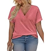 VISLILY Plus-Size-Summer-Tops for Women Casual V Neck T Shirts Trendy Loose Tees Fashion Rolled Short Sleeve Tunics XL-5XL