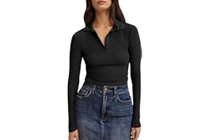 Tankaneo Womens Long Sleeve Polo Shirts V Neck Collared Work Shirt Slim Fit Ribbed Knit Basic Going Out Fall Tops