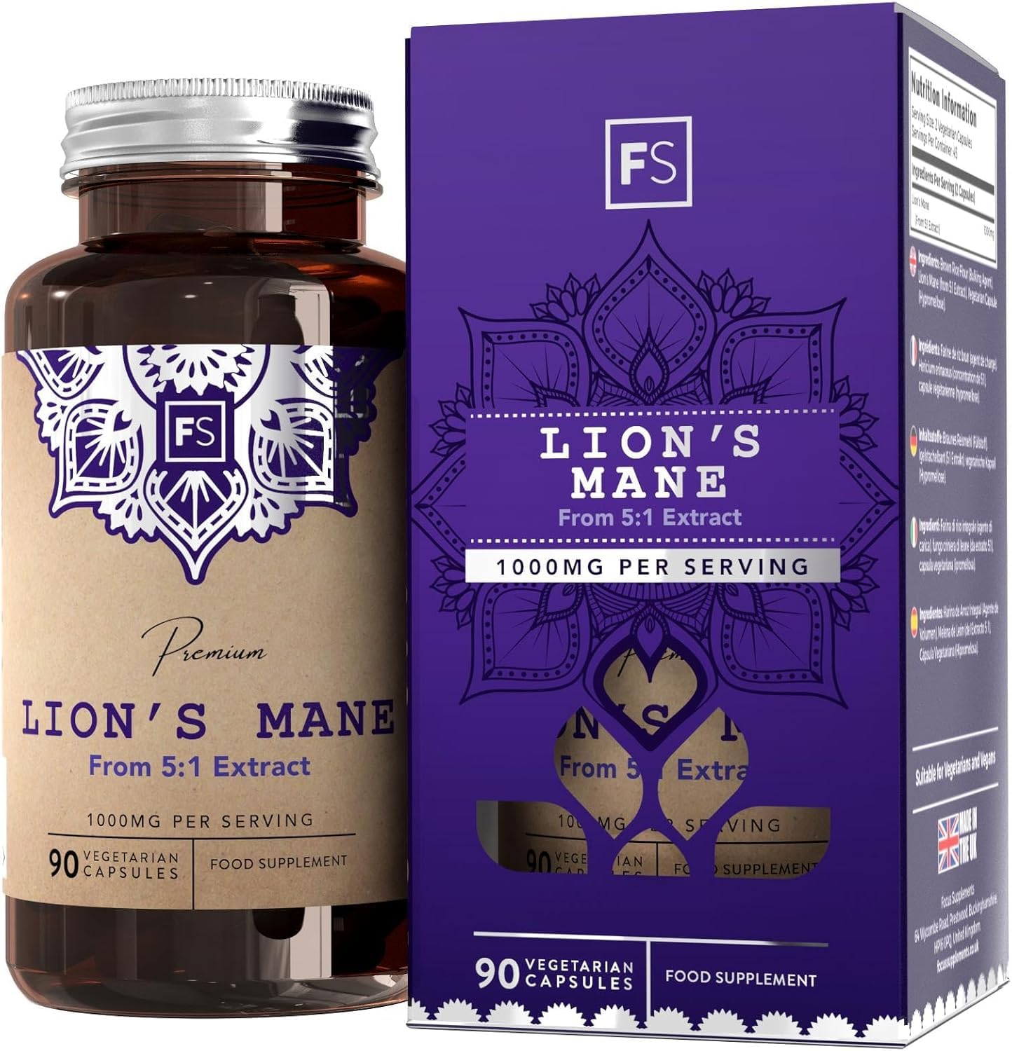 FS Lions Mane | High Strength Lion's Mane Supplement - 90 Lionsmane Capsules 1000mg per Serving | Lionsmane Mushroom Complex | Non-GMO, Gluten & Allergen Free | Made in The UK