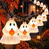 8.5FT Halloween LED Ghost String Lights Plug-In 10 White Ghosts Decor | Plug-In Design, Energy Saving LED Bulbs, Black Wire, IP44 Weatherproof, Perfect Halloween Decoration