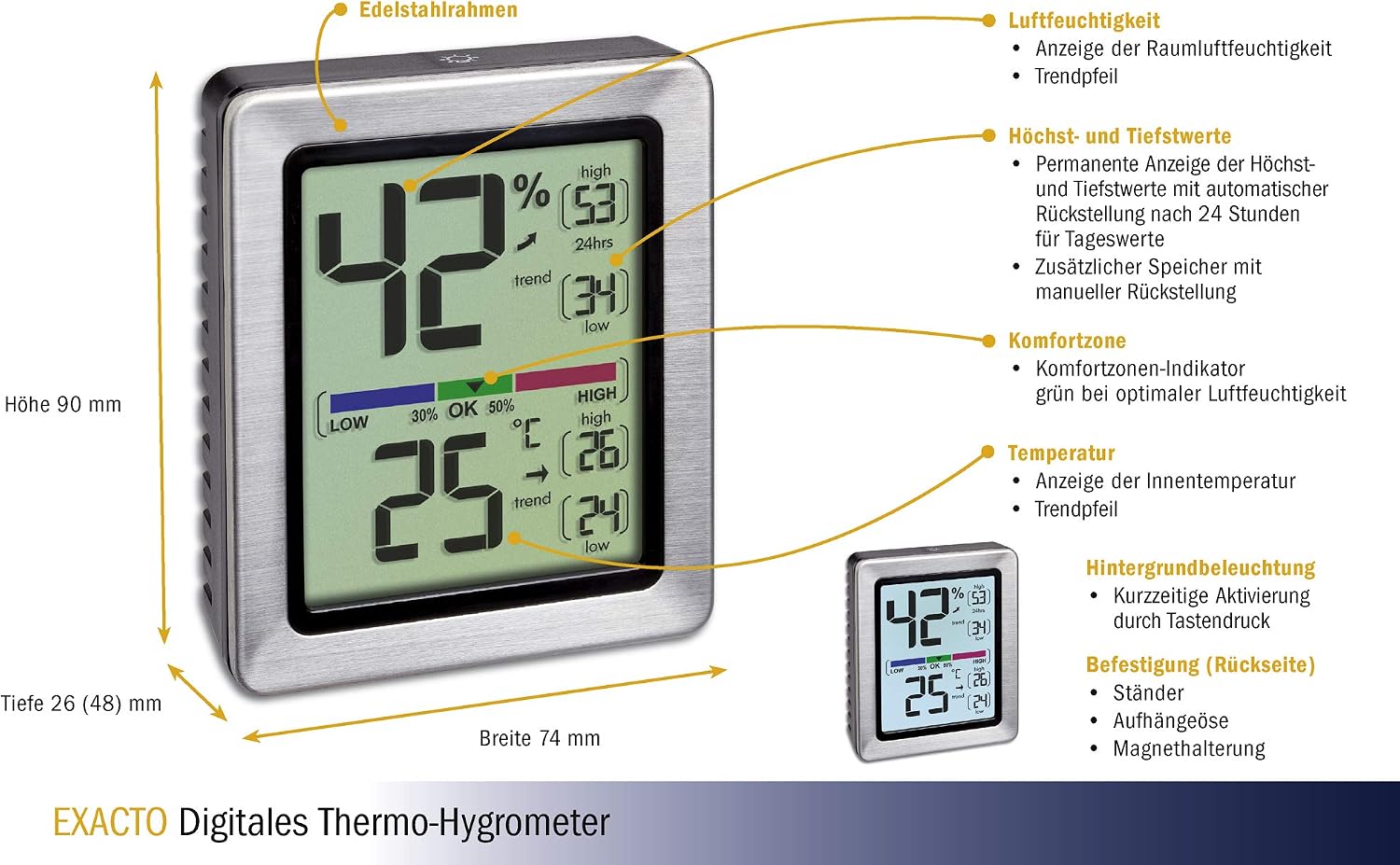 TFA Dostmann digital thermo-hygrometer Exacto, 30.5047.54, indoor, accurate temperature and humidity, incl precision sensor - Image 3