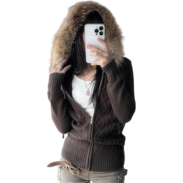 CORIRESHA Women's Vintage Faux Fur Trim Hoodie Sweater Zip Up