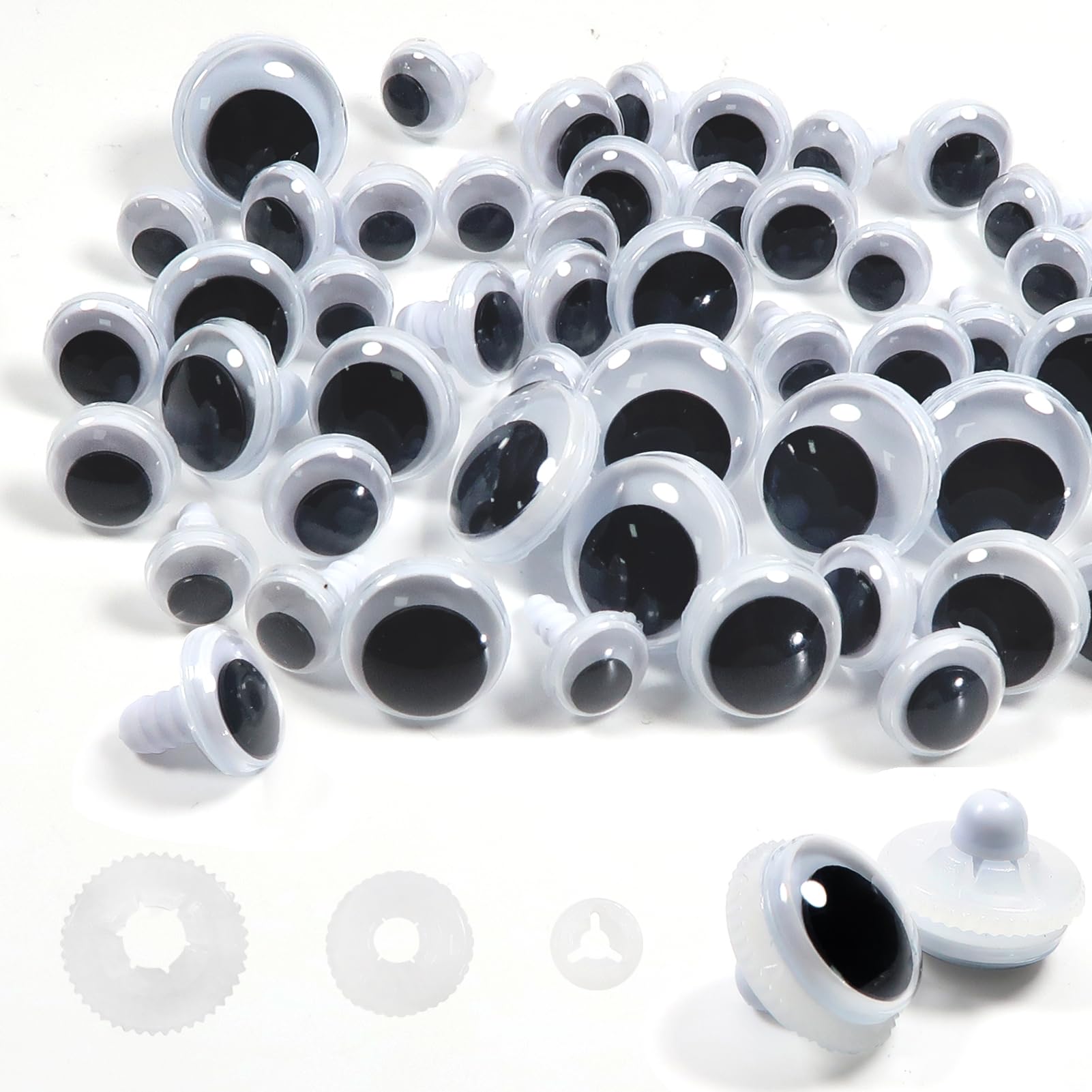 TOAOB 50pcs Wiggle Googly Eyes 10 to 18mm Black White Plastic Safety Eyes Craft Eyes with Washers for Soft Doll Making Plush Animals Crochet