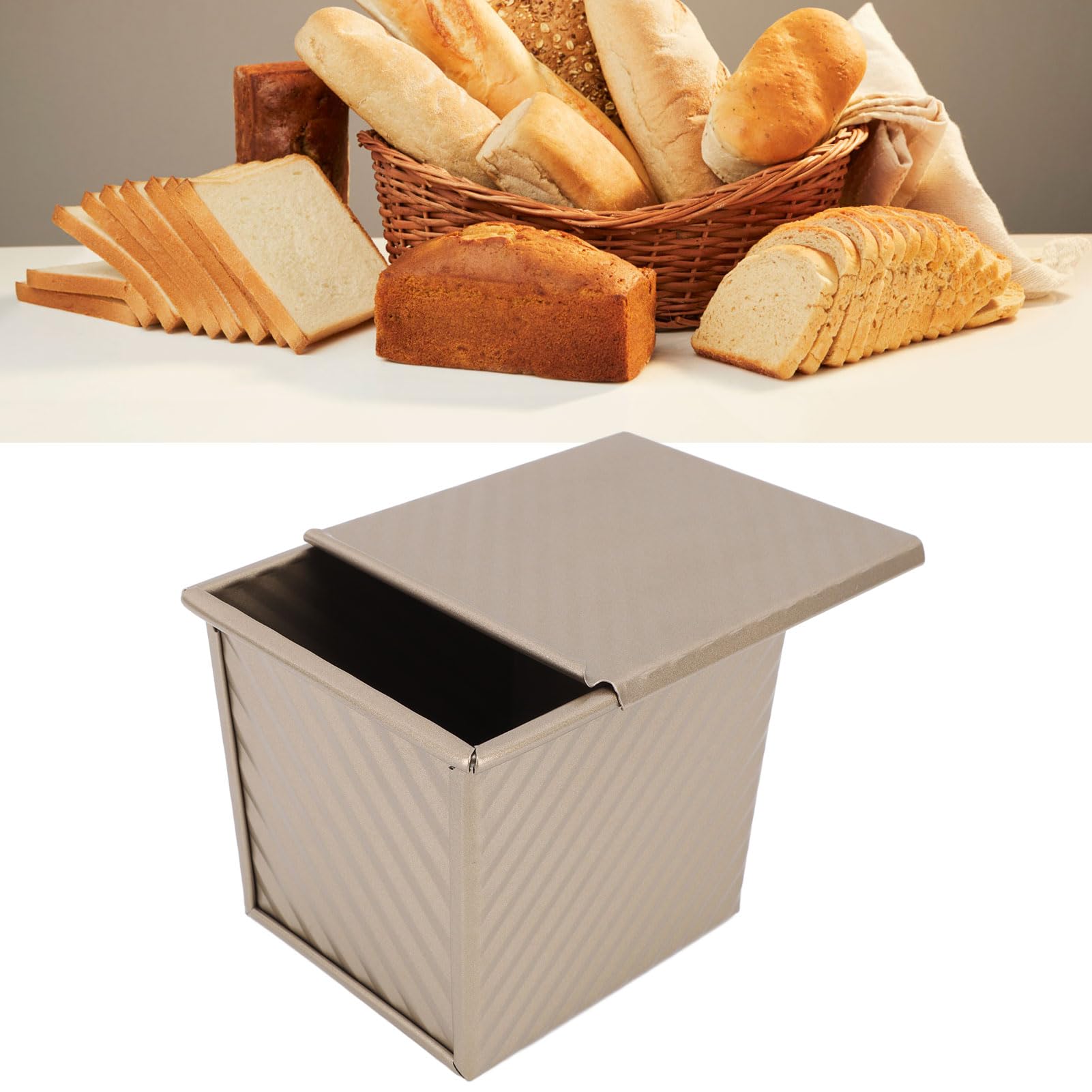 Luqeeg Gold Loaf Pan with Corrugated Inner, Carbon Steel Bread - Non Stick, Uniform Heating, with Lid, Stick Prevention, Unique Appearance, Moist Baking
