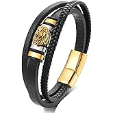 BIYONGDE Mens Black braided leather Bangle Bracelet, Vintage Stainless Steel Roaring Lion Head, Two-row