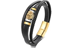 BIYONGDE Mens Black braided leather Bangle Bracelet, Vintage Stainless Steel Roaring Lion Head, Two-row