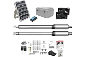 JUJIANG Solar Gate Opener with Batteries & Solar Panel for Dual Swing Gates Up to 440lb per Arm Automatic Gate Openers with Remote Complete Kit Light Duty Electric Gate Opener Solar Powered PKM-C01