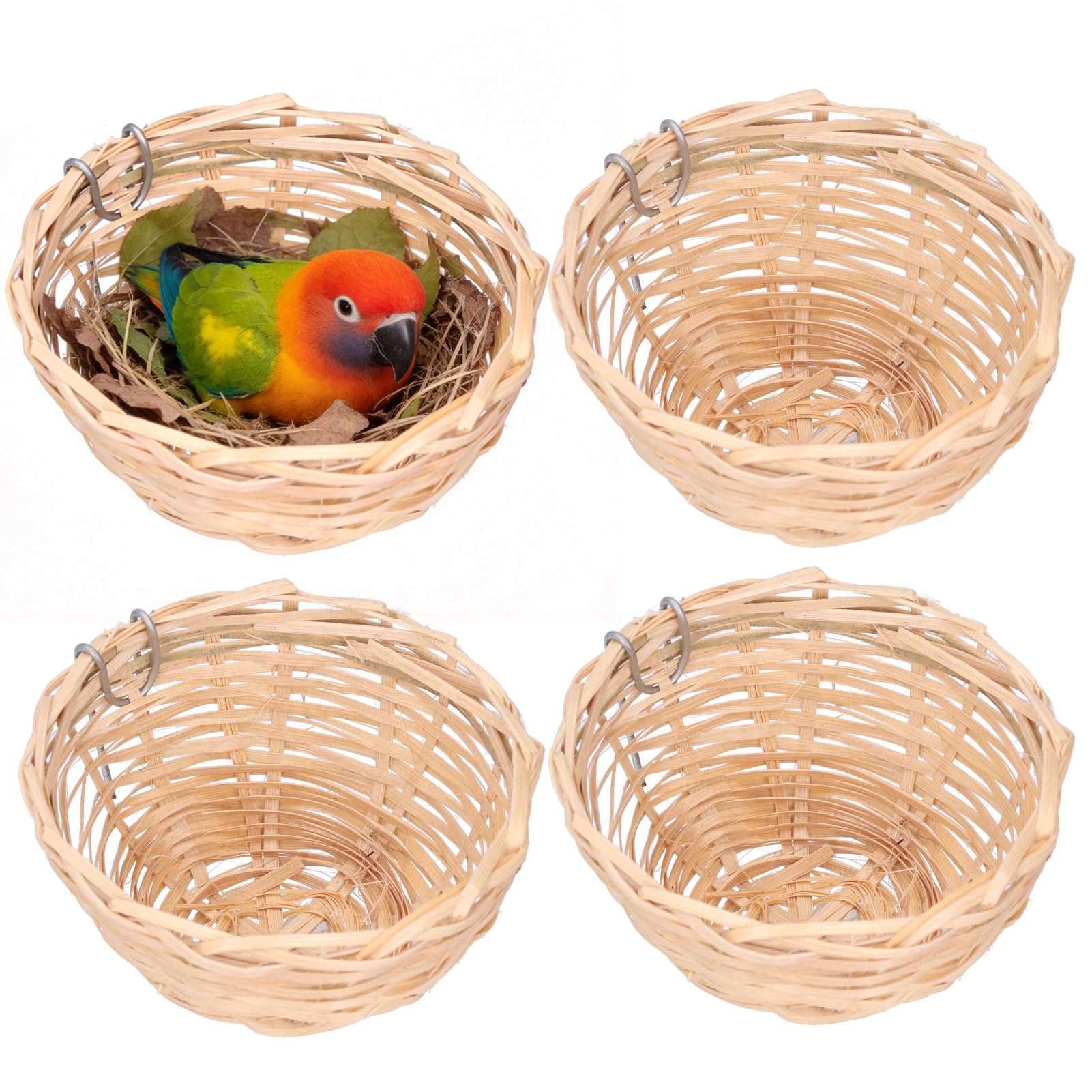 Natudeco 4 Pcs Bird Nest Handmade Bird House Sturdy and Natural Bamboo Bird Nest Bird Supplies Bird Cage with Hook for Small Parrots Canaries Cockatiels