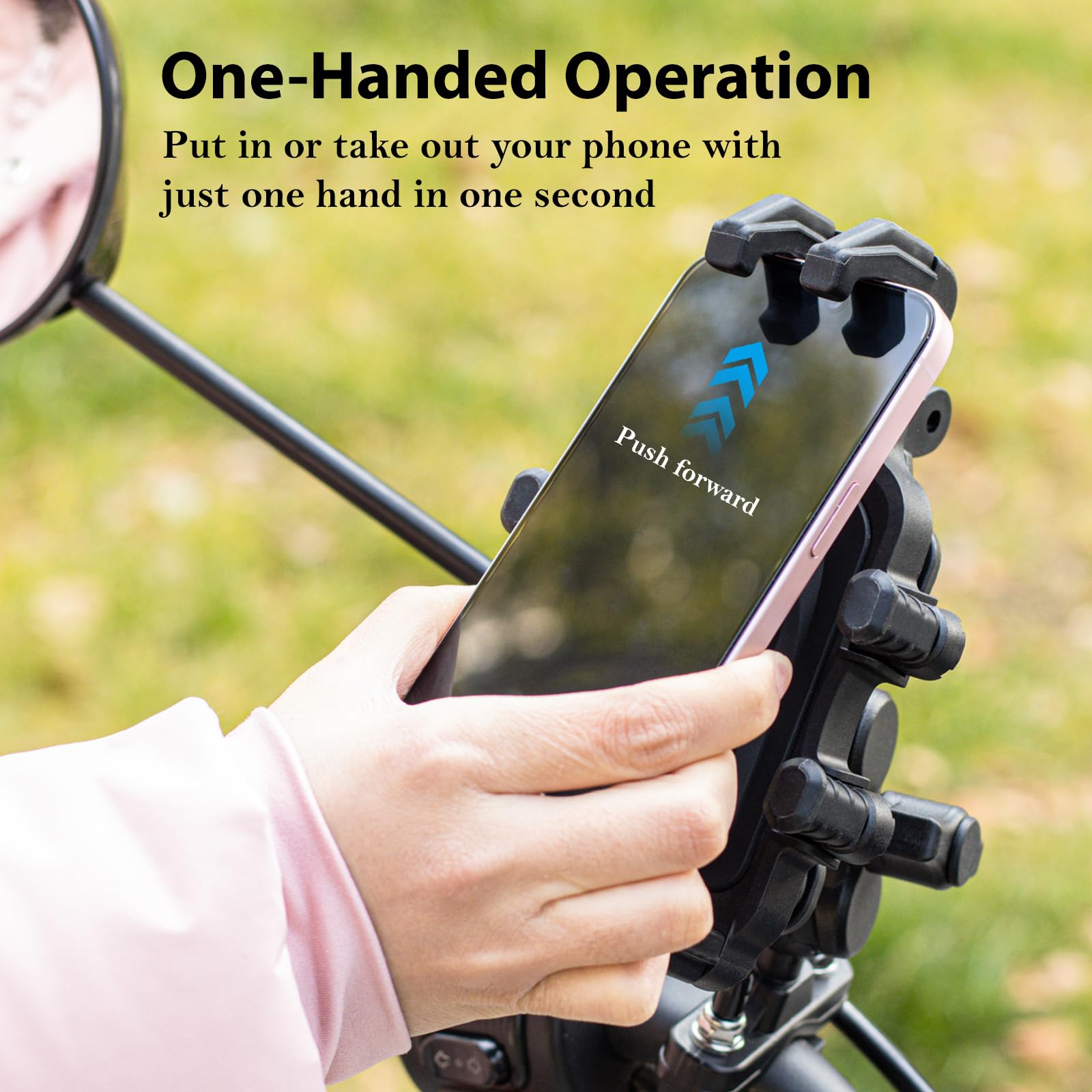 EMERK Motorcycle Phone Mount Holder - [Dual Vibration Dampener] [Anti-Shake Anti-Theft] Bike Phone Holder, Adjustable Handlebar Cellphone Cradle for Bicycle Road Scooter ATV Fit 4.7''-7.2'' Smartphone