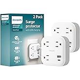 Philips Surge Protector Outlet Extender with USB Ports, 2 Pack, 3 Prong | 3 Outlet Wide-Spaced, 1 USB-C, 1 USB-A, 980 Joules, Multi Plug Wall Splitter, Power Tap, Electrical Expander, Adapter