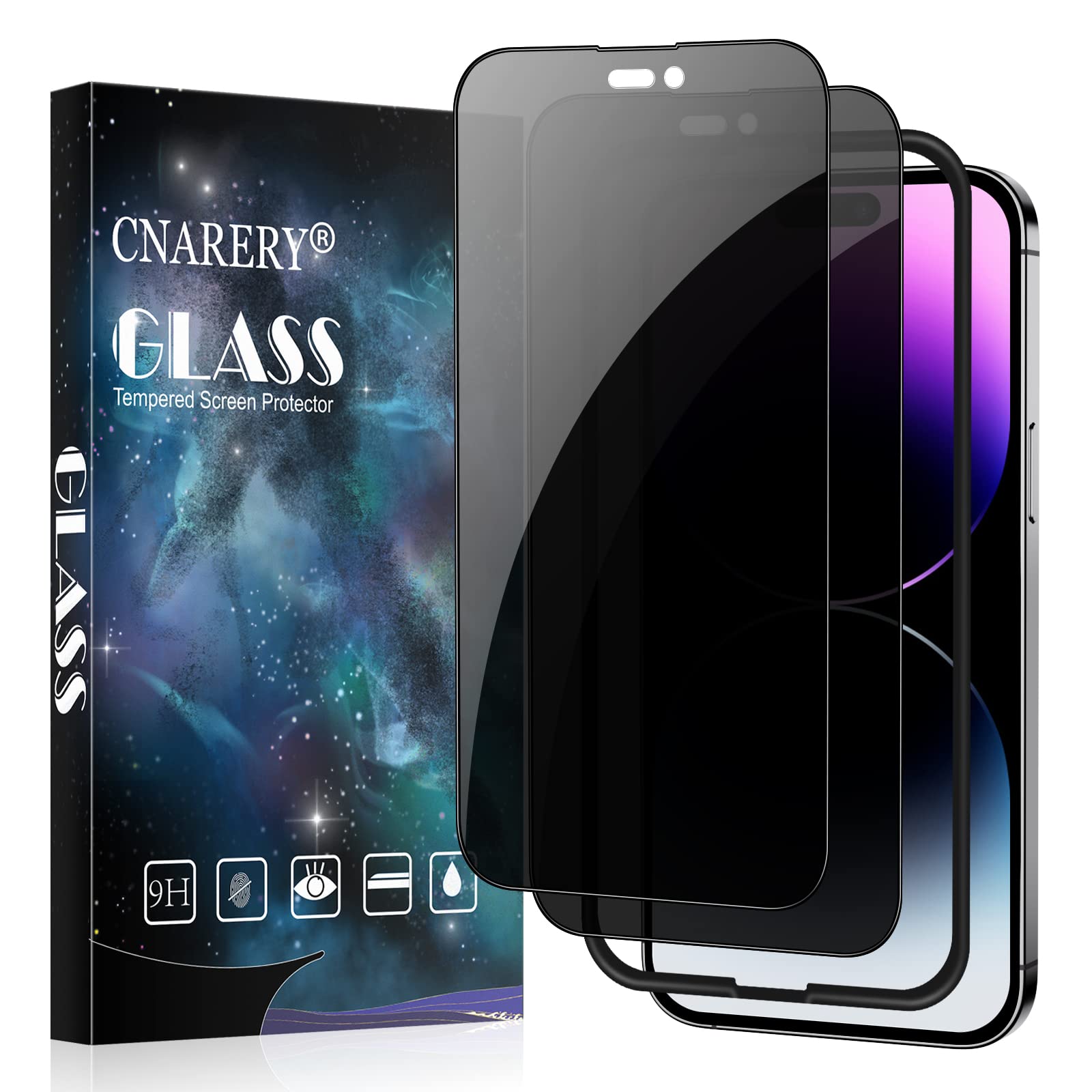 Cnarery [2 Pack] Privacy Screen Protector for iPhone 14 Pro Max, 9H Tempered Glass with Installation Frame, Anti-Scratch, Case Friendly