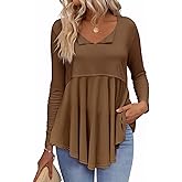 Tankaneo Womens Babydoll Tops V Neck Long Sleeve Shirts Peplum Tunic Top Flowy Work Casual Blouses Loose Fit 2024