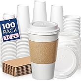 Fit Meal Prep 100 Pack 16 oz Disposable Coffee Cups with Lids, Sleeves, Leak-Proof To Go Coffee Cups with Lids, Durable Hot Paper Cups for Home, Office, Party, Business