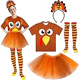 QZYL Turkey Costume Set, Turkey Trot Shirt Tutu Dress Headbands High Socks, Thanksgiving Turkey Trot Cosplay for Adults