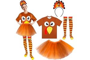 QZYL Turkey Costume Set, Turkey Trot Shirt Tutu Dress Headbands High Socks, Thanksgiving Turkey Trot Cosplay for Adults