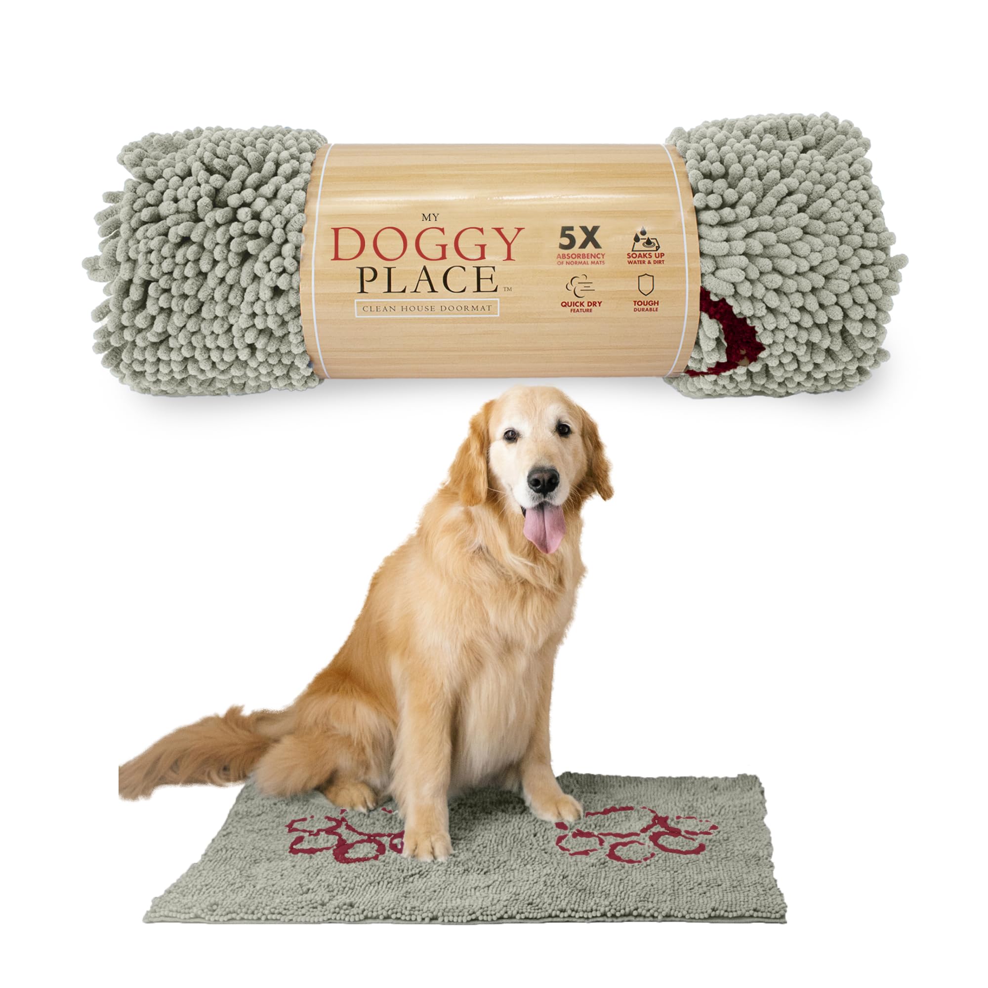 My Doggy Place - Ultra Absorbent Microfiber Dog Door Mat, Durable, Quick Drying, Washable, Prevent Mud Dirt, Keep Your House Clean (Light Grey w/Paw Print, Large) - 36 x 26 inch