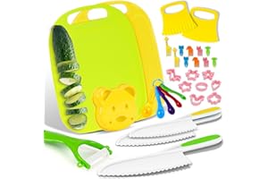 CHEFFUN 33 PCS Kids Knife Set for Real Cooking - Toddler Knife Set, Kids Cutting Board and Knife Set Toddler Kitchen Tools - Montessori Kitchen Tools for Toddlers Age 3-10 Year Old Girl Boy