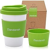 Zlanderah 10oz Ceramic Travel Mug with Lid and Sleeve, Simple White Porcelain Drinking Cup, Microwave & Dishwasher Safe Ceramic Coffee Tumbler (Green)