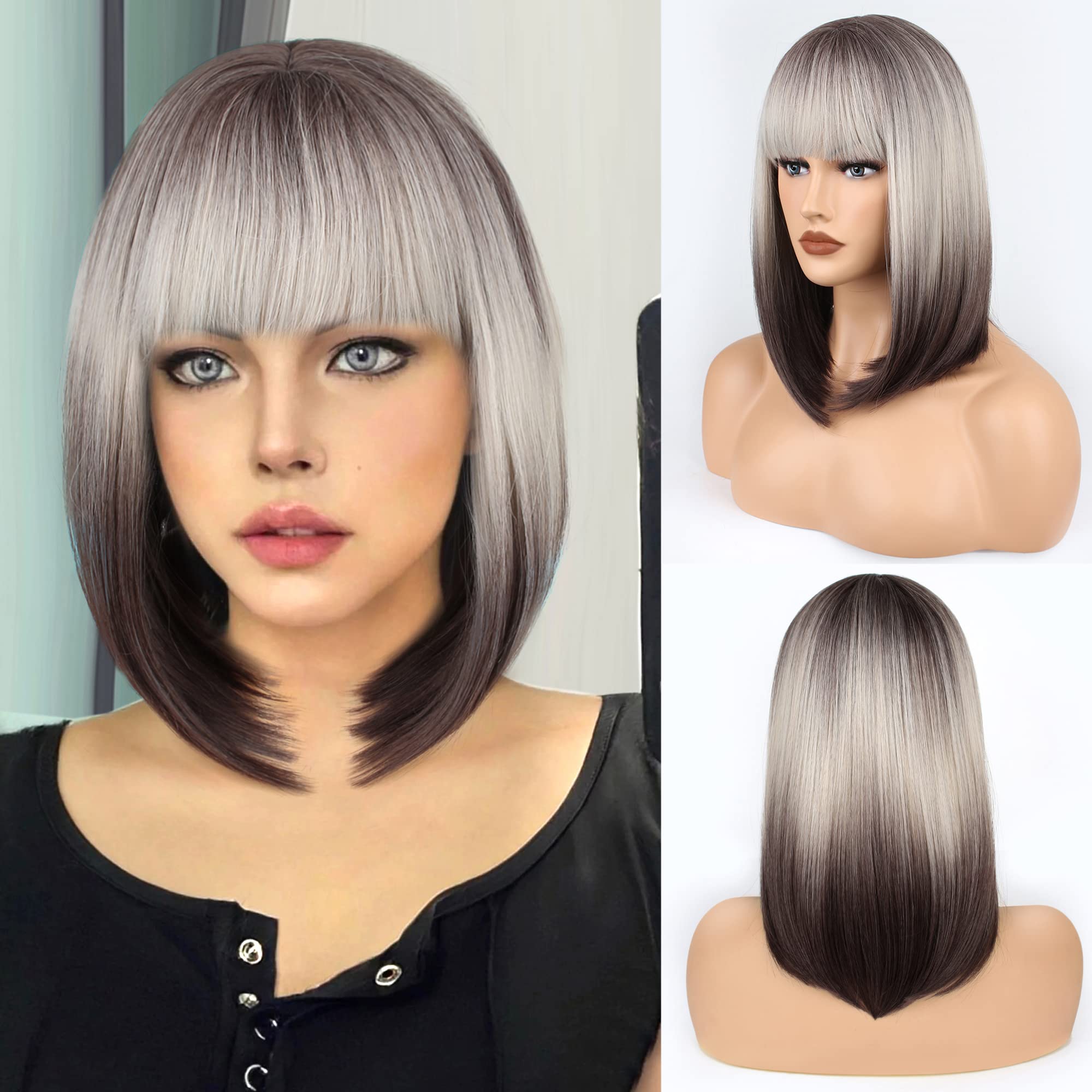 FAELBATY Short Straight Bob Wig - 14" with Air Bangs, Brown Blonde Ombre, Shoulder Length, Cosplay Wig for Women and Girls, Dark Roots, Gray Natural Synthetic Hair