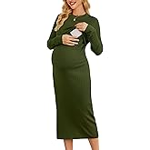 OUGES Women's Wool Blend 2025 Maternity Sweater Nursing Dress Long Sleeve Crew Neck Slim Fit Ribbed Knit Midi Fall Dress