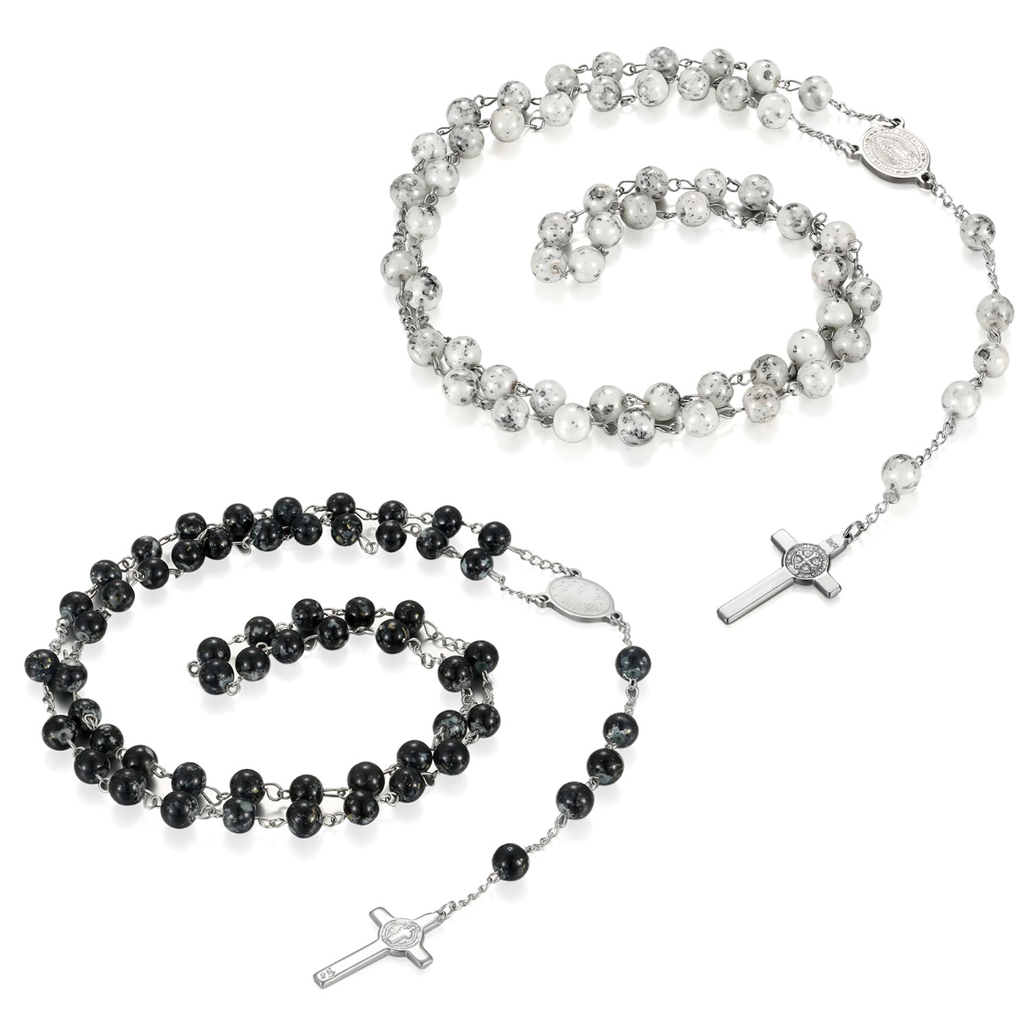 JewelryWe Religion Jewelry Jesus Cross Pendant with Glass Beaded Stainless Steel Necklace