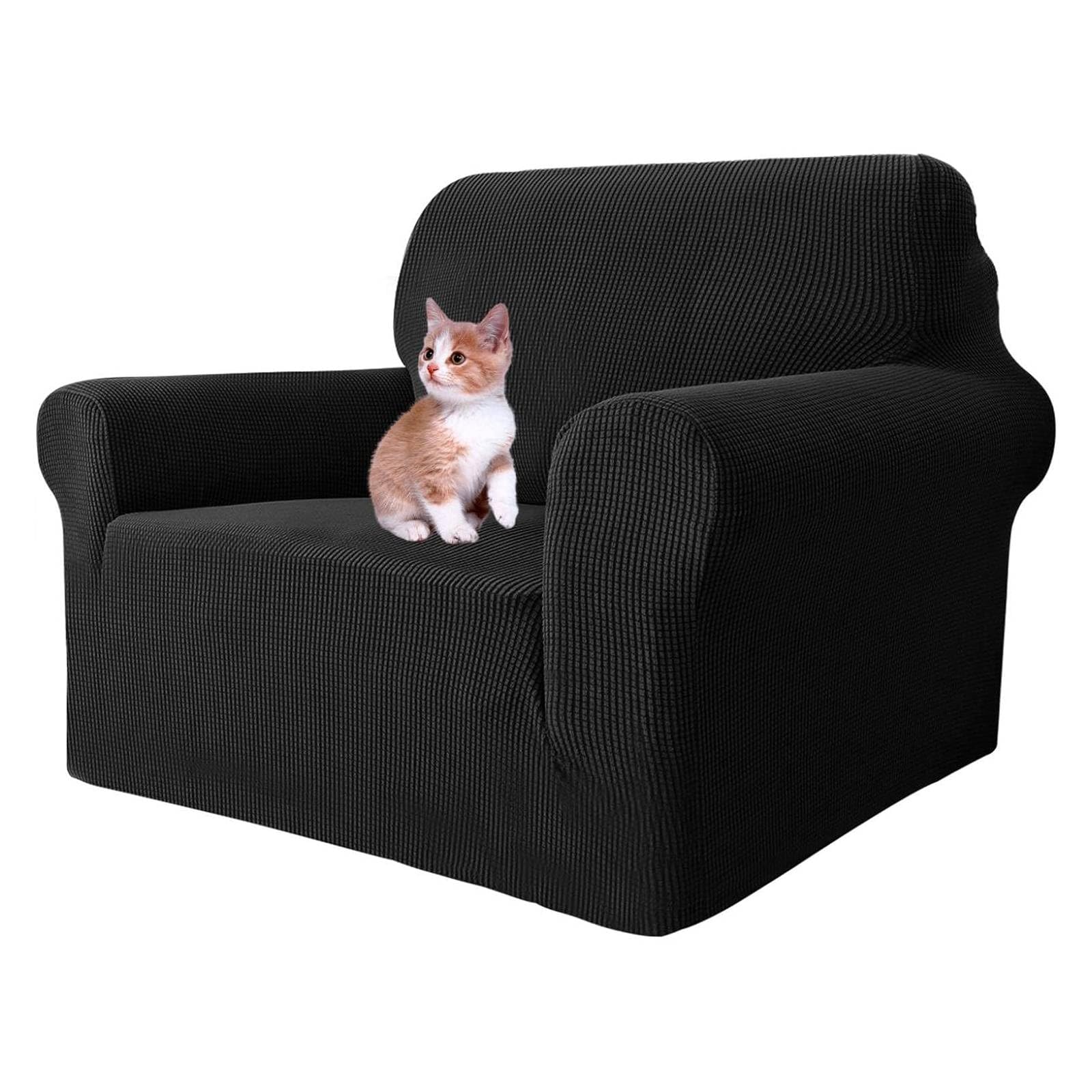 MAXIJIN Super Stretch Chair Covers for Living Room, 1-Piece Universal Chair Slipcover with Arms Jacquard Spandex Chair Protector Dogs Pet Friendly Sofa Couch Armchair Cover (1 Seater, Black)