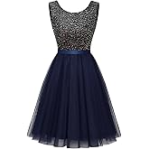BeryLove Sequin Dress Vintage A Line Wedding Formal Swing Tulle Dress Sleeveless Cocktail Mini Dress