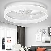 DLLT Modern Ceiling Fans with Lights: 20" Flush Mount Low Profile Ceiling Fan with APP Remote Control - White LED Bladeless F