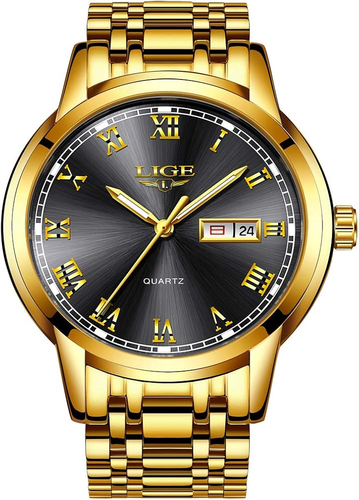 LIGE Mens Watches Fashion Luxury Gold Stainless Steel
