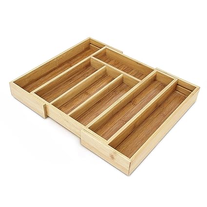 Relaxdays Besteckkasten aus Bambus HBT ca. 5 x 43 x 34cm Besteckeinsatz ausziehbar mit 5 bis 7 Fächern als Schubladeneinsatz 