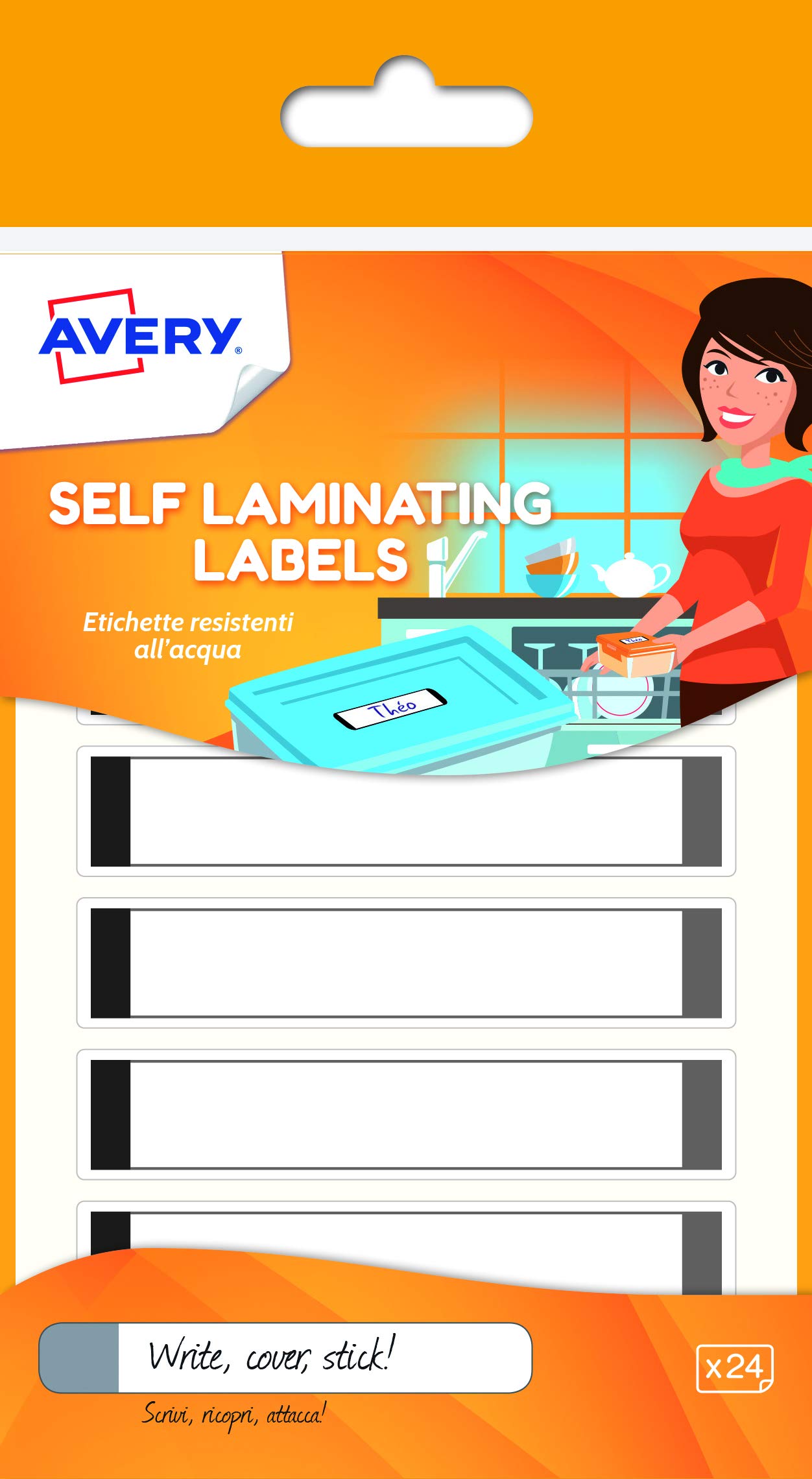 Avery Waterproof Self-Laminating Name Labels – 24 Pack, 86 x 17 mm – Grey/White – Dishwasher & Microwave Safe – Stick-On Labels for Lunchboxes, Bottles, School Accessories & More