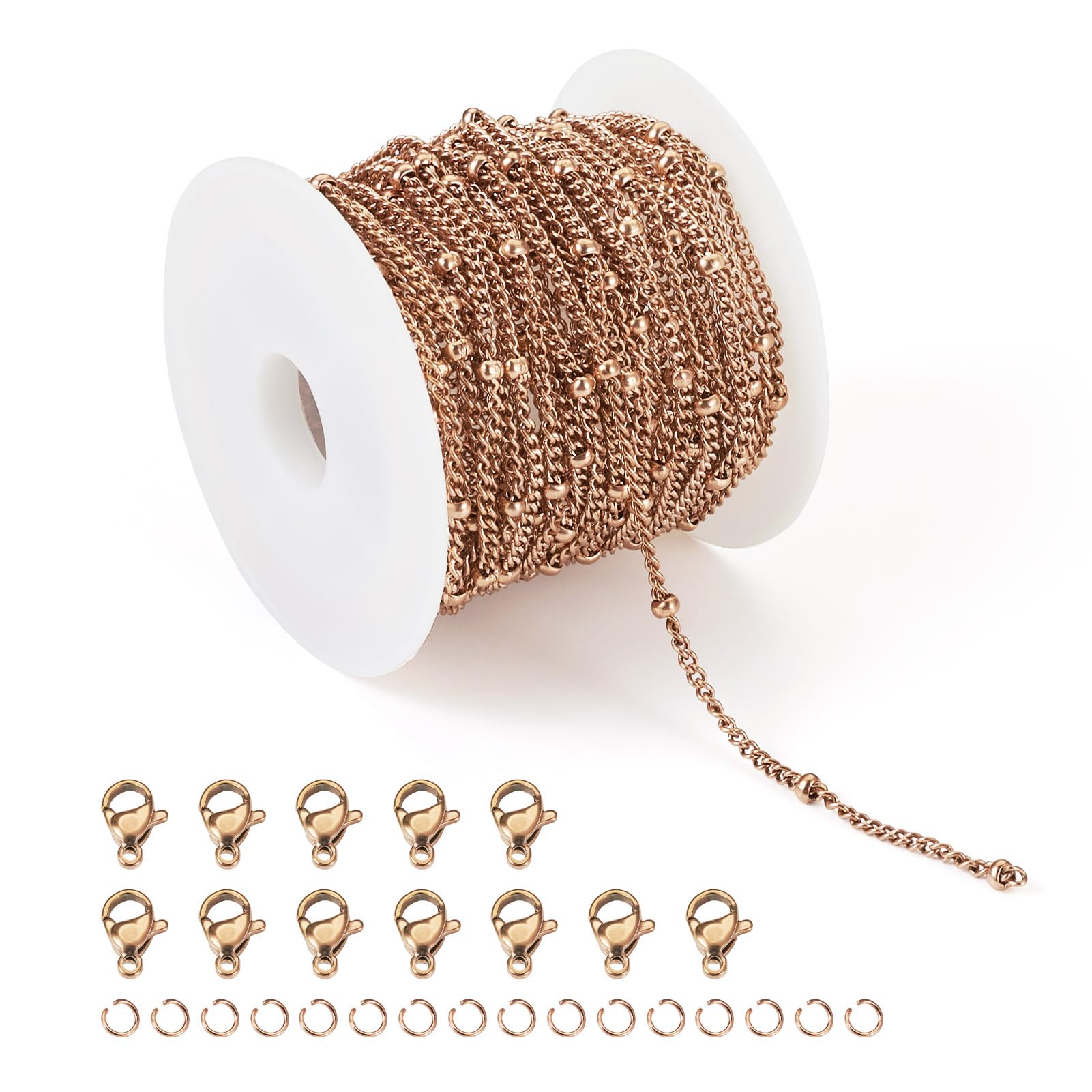 Bestewelry 5m Rose Gold Satellite Chains 304 Stainless Steel Soldered Beaded Link Chains with Lobster Claw Clasps Jump Rings for Necklace Jewelry Making