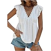 SweatyRocks Women's Lace Trimmed V Neck Ruffled Sleeve Flared Eyelet Tank Blouse Top