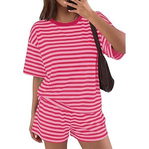 Panadila Womens Striped Short Set Summer Matching Lounge Set | Lightweight Breathable, Crew Neck Drop Shoulder T Shirt, Elast