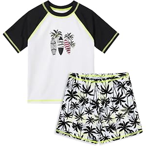 ODASDO Boys 2 Piece Swim Set Short Sleeve Rash Guard Shirt and Shorts | Kids Two Piece Bathing Suit | Palm Tree Print | Elast