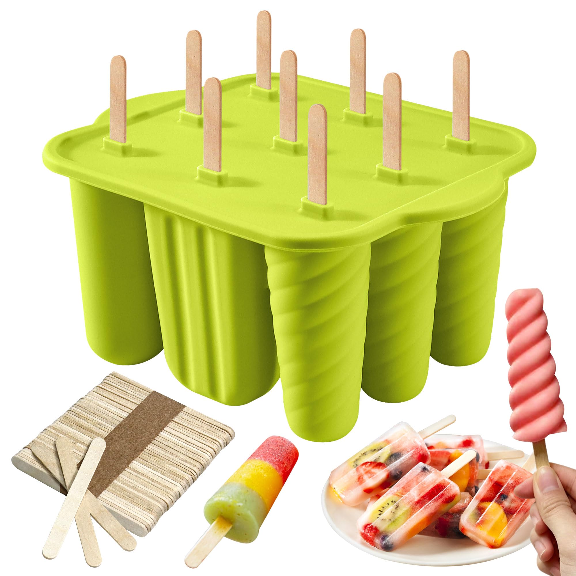 Ice Lolly Moulds, 9 Cavity Silicone Ice Lolly Tray & Ice Cream Moulds with 50 Wooden Stick, BPA Free Large Reusable Popsicle Mold Set, Homemade Ice Pop Maker for Kids Summer DIY Kitchen Tools (Green) โ image 1