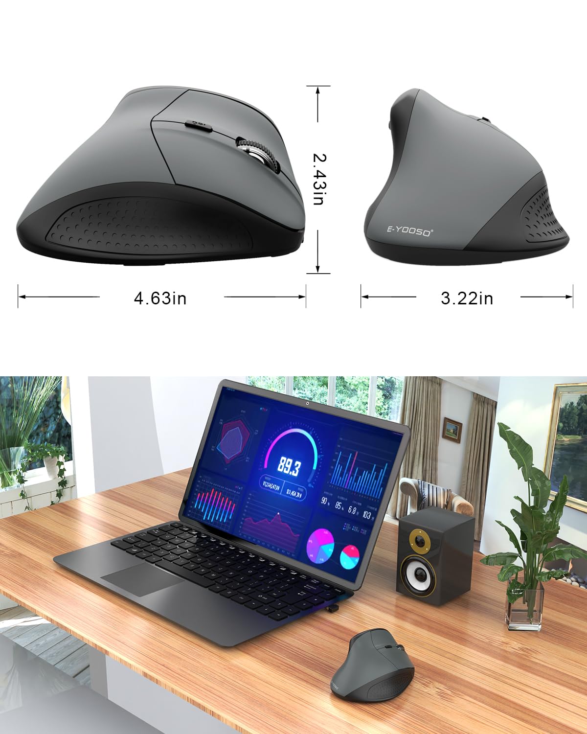 Ergonomic Mouse, E-YOOSO Wireless Vertical Mouse with 6 Buttons, 5 Adjustable DPI Levels, Up to 4800 DPI, 2.4G and Bluetooth Rechargeable Optical Vertical Mice for Windows, Mac, Laptop, Desktop (Gray)