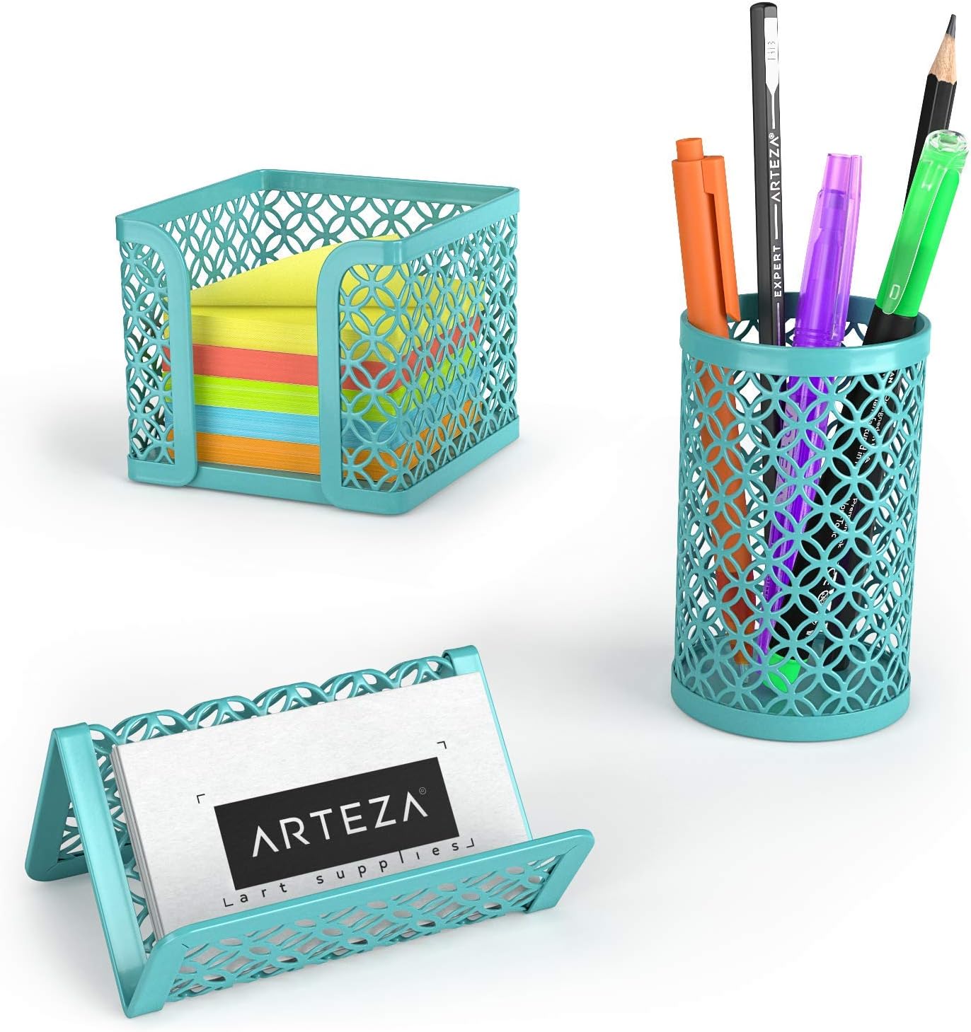 Arteza Desk Organizer Accessories Set in Tiffany Blue, 6-Piece Includes Pencil Cup Holder, Letter Sorter, Letter Tray, Magazine Holder, Name Card Holder, Sticky Note Holder for Home or Office : Office Products