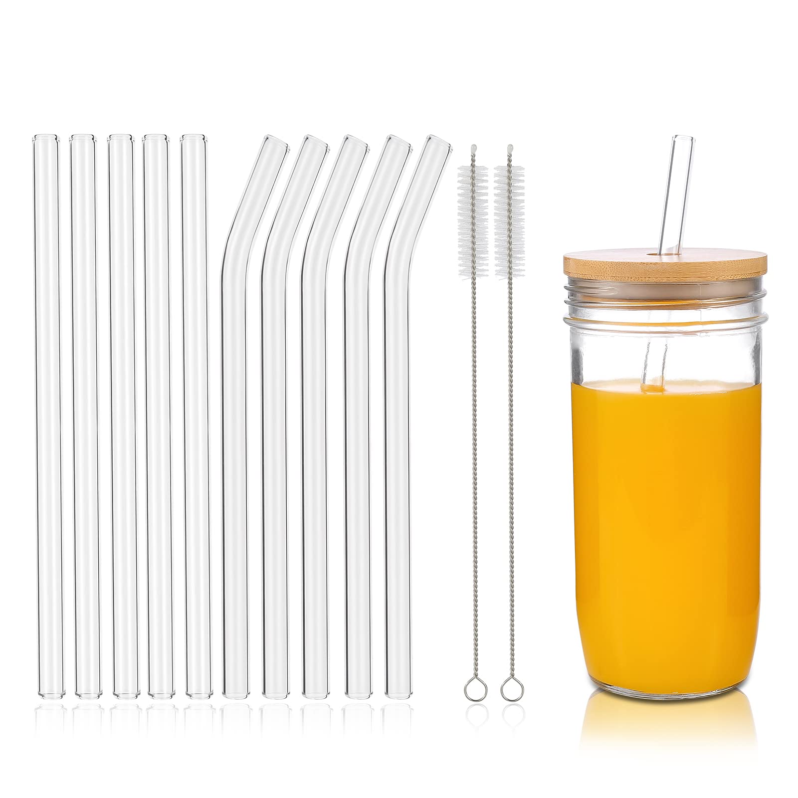 Photo 1 of 10 Pcs Reusable Clear Glass Straws,9''x10 mm Glass Straws Shatter Resistant for Smoothie,Milkshakes,Tea,Juice,Set of 5 Straight and 5 Bent with 2 Cleaning Brushes -Dishwasher Safe