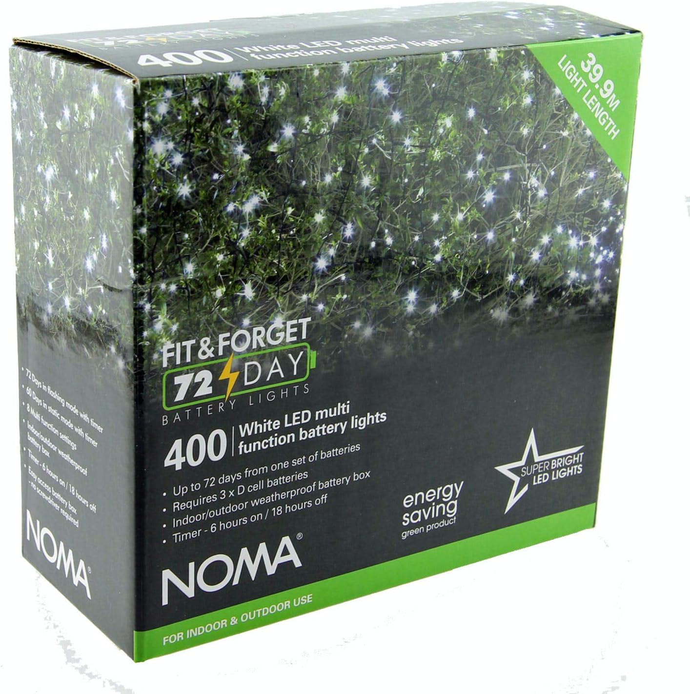 Fit & Forget Battery 400 LED String : Timer : Multifunction : Indoor/Outdoor : Bright White 6816006GW, Bright White, Green Wire