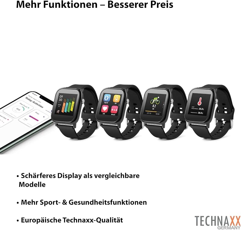 Smartwatch mit Temperatur- & Herzfrequenzmesser – 1,4" Farbdisplay – Fitness Tracker mit Schritte, Distanz, Kalorien, Schlaf, Sportmodi, Benachrichtigungen, Anti-Lost, 5 Tage Akku - TX-SW6HR