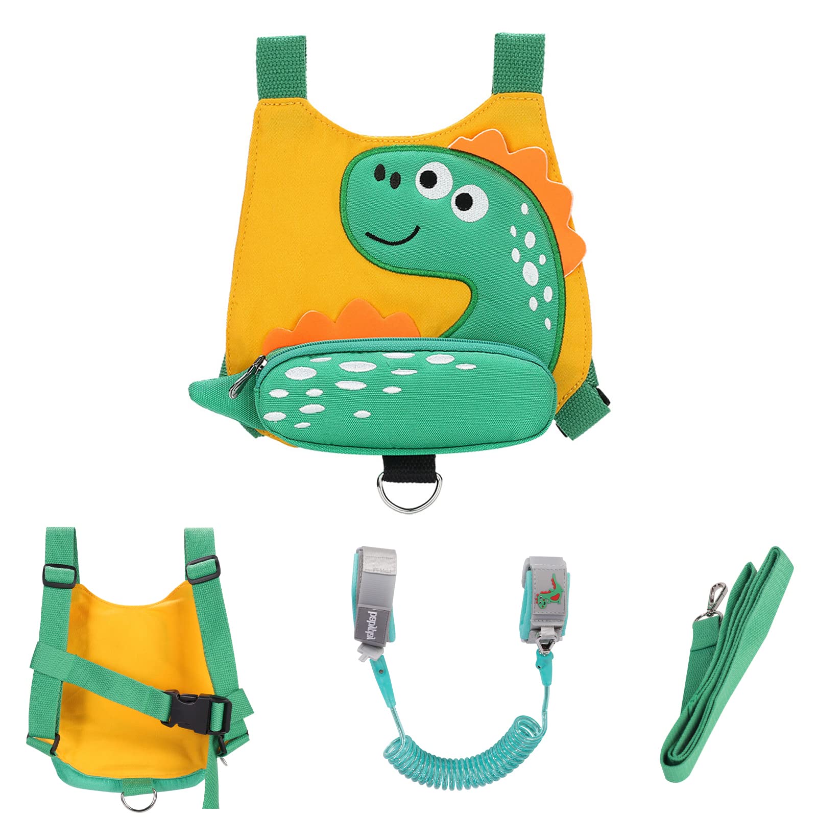 Baby Walking Harness Backpack with 2M Wrist Reins, Cartoon Anti-Lost Leash Backpack with Child Safety Wristband, Mini Safety Backpacks for 1-3 Years Toddler Little Kids Boys Girls, Green Dinosaur