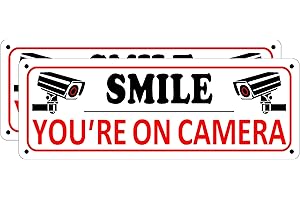BAGSTAR Smile You're on Camera Sign, 2 Pack Video Surveillance Sign, 10" x 3.5" Home Security Signs for House Business, Metal Camera Warning Sign Outdoor, Aluminum CCTV Sign for Yard