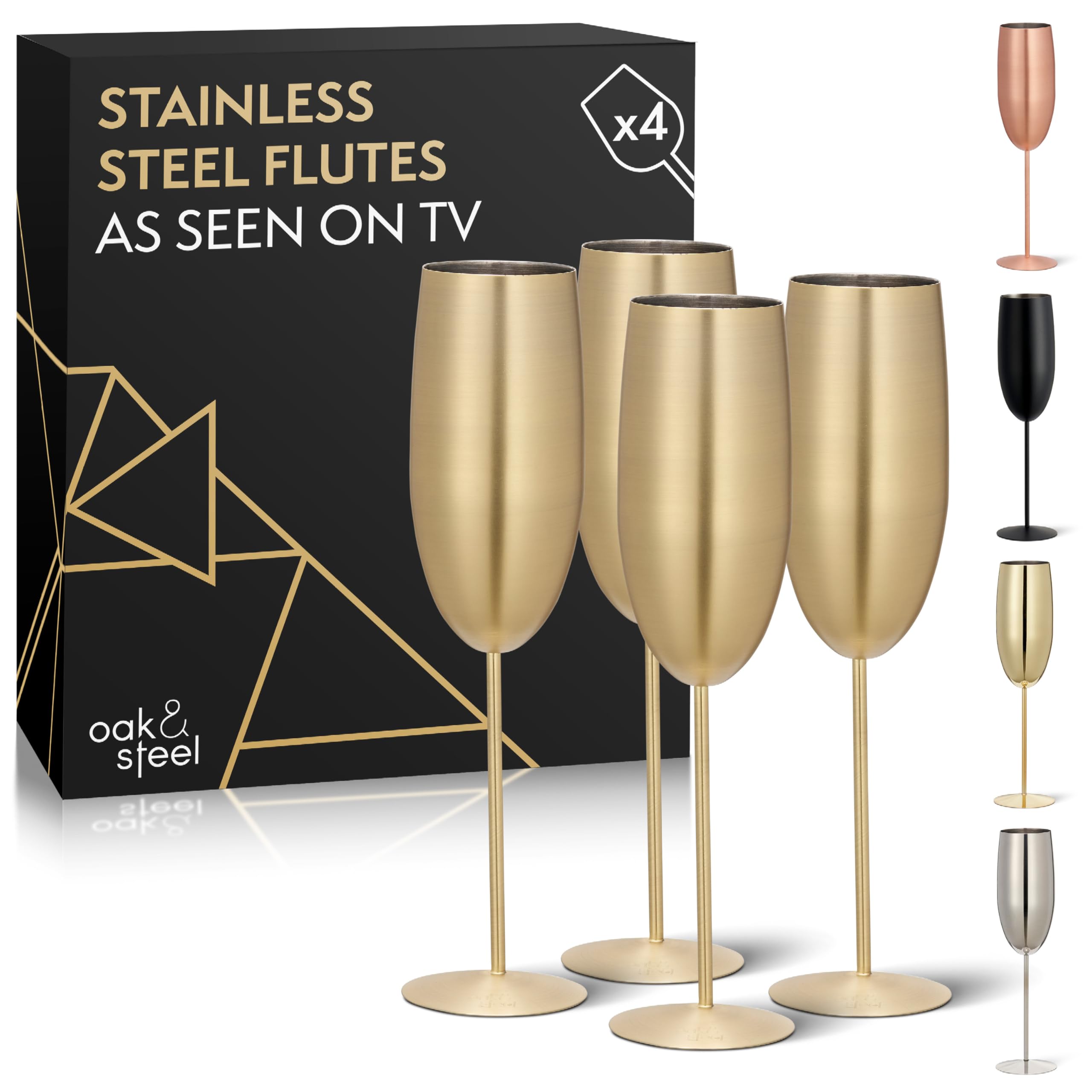 Oak & Steel - 4 Stainless Steel Champagne Flutes - Camping Wine Glasses - Picnic Champagne Flutes - Solid & Unbreakable - Outdoor Parties, Picnic, Beach & Pool - Gold Matte, 285 ml