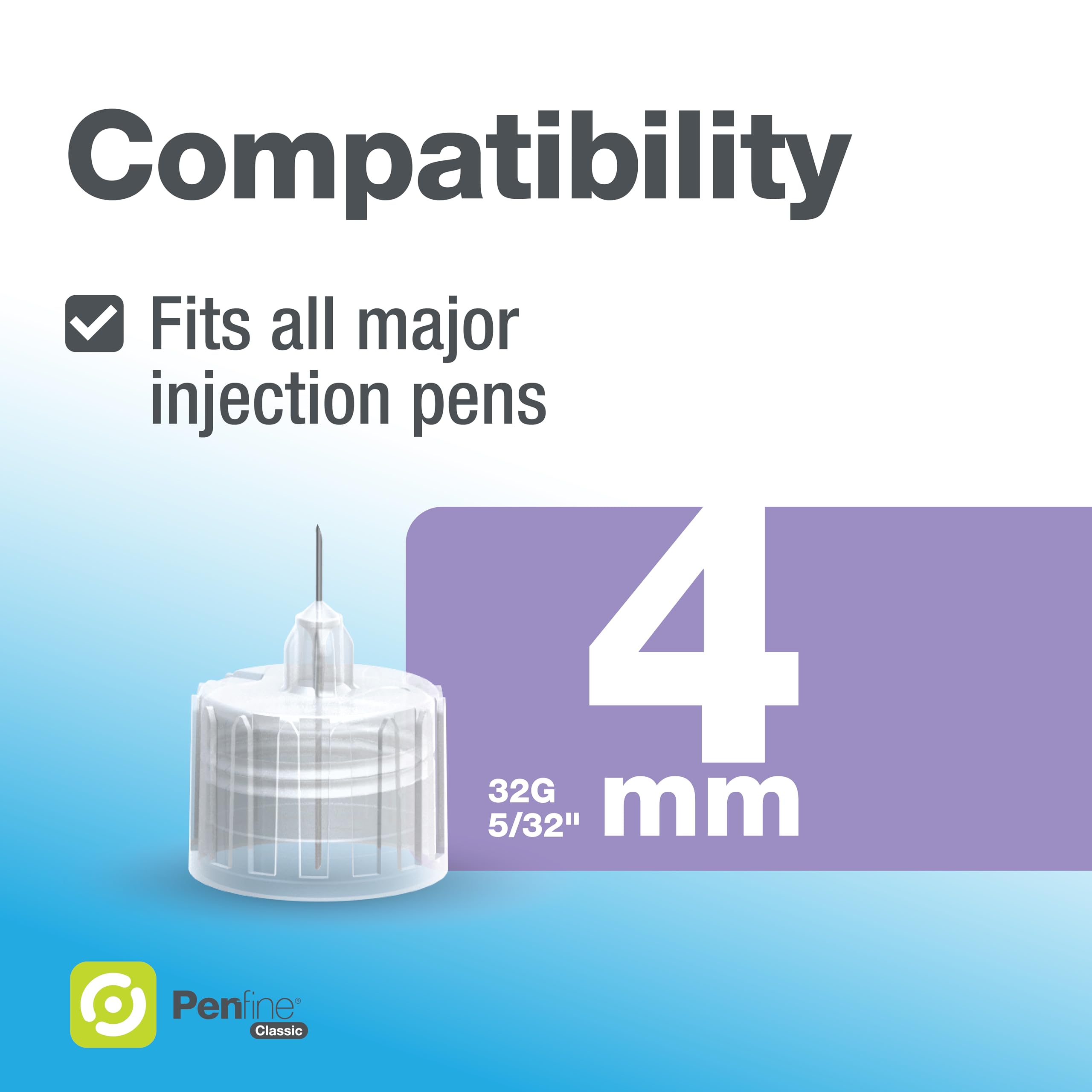 Penfine Classic Pen Needle - 32G x 4mm, 100ct, Swiss Made, Universal Fit
