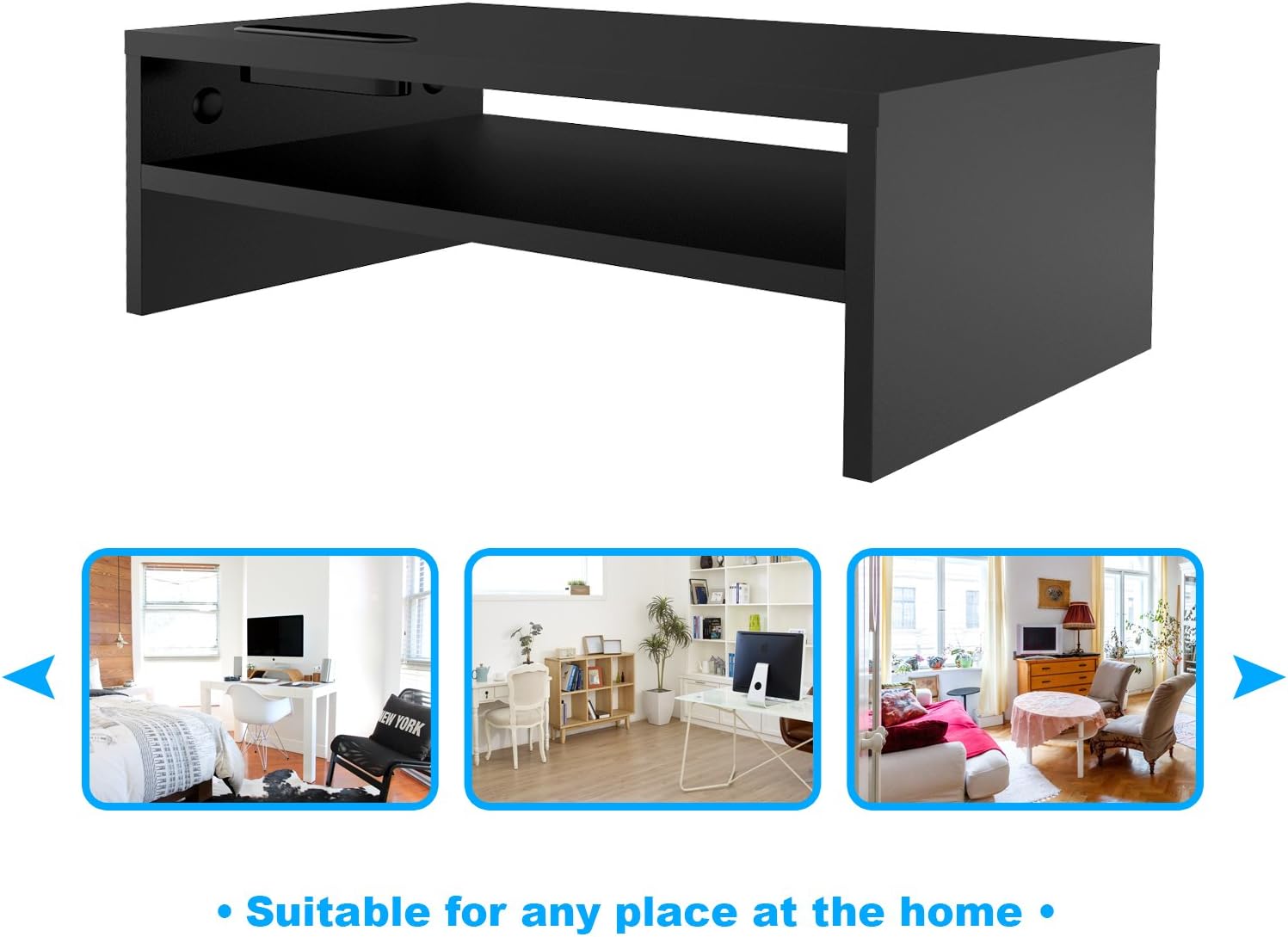 1home Wood Monitor Stand Arm Riser Desk Storage Organizer, Speaker TV Laptop Printer Stand with Cellphone Holder and Cable Management, 16.7 inch 2 Tiers Shelves Black : Office Products