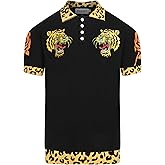 OXKNIT Men's Retro Black Knitted Poloshirt, Vintage Animal Floral Patten Polo Cotton Short Sleeve with Quarter Button