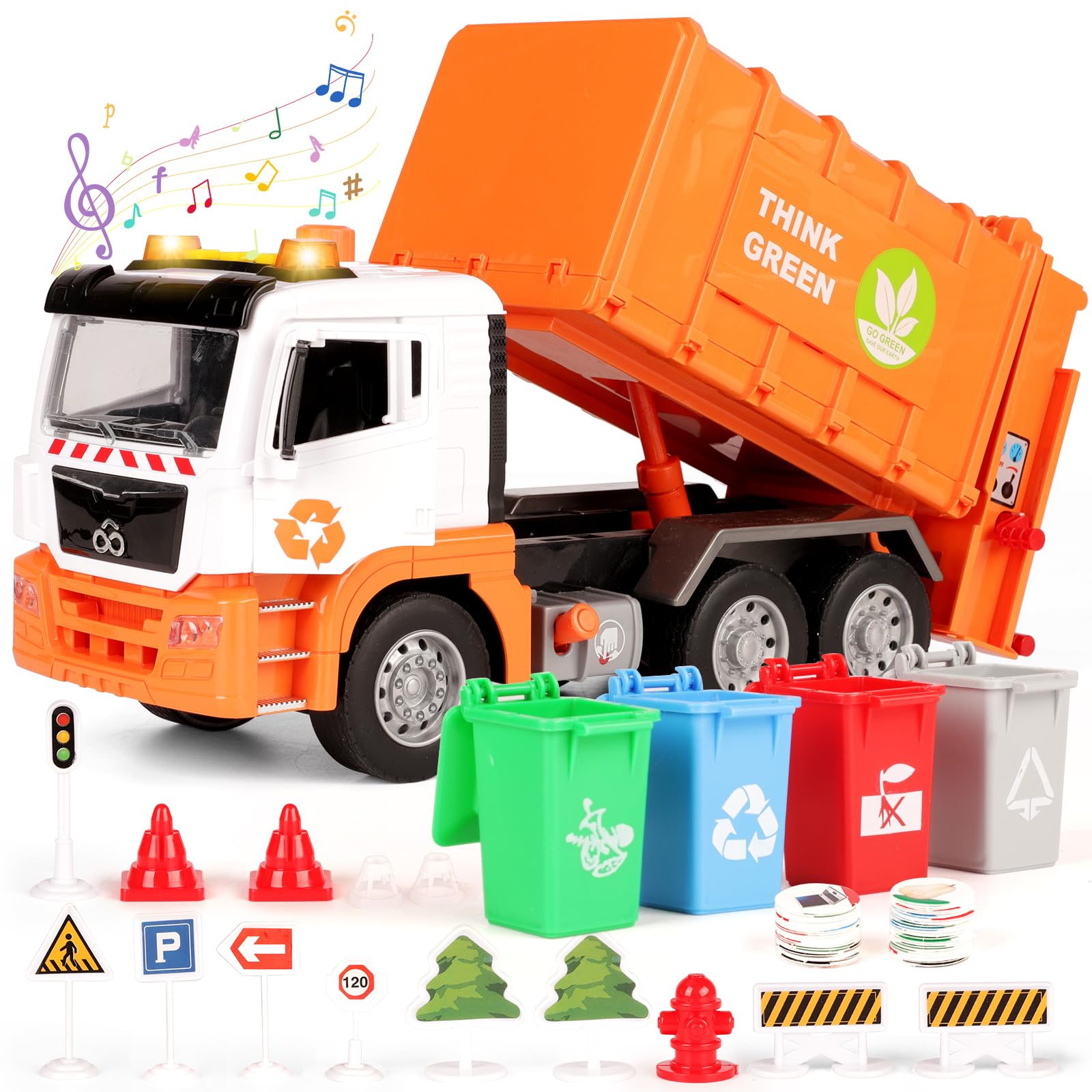 BunnyJOY Garbage Truck Toy with Bins, Interactive Trucks with Sound and Light, Educational Toy Vehicle Playset for 3+ Year Old, Waste Lorry, Gift for Boy Girl Kid 4 5 6 7 8 Year old, Orange