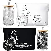 Fumete Christian Gift for Women Sunday School Teacher Valentines Flower Makeup Bag Bible Verse Coffee Cup with Bamboo Lid Straw Pastor Wife Mini Compact Mirror Religious Church Gift(Bible-a,2 Sets)