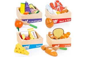 WOODMAM Wooden Play Food Set for Toddlers - Montessori Pretend Play Kitchen Toys with Color Sorting Food Groups & Cutting Fruits Vegetables for Boys & Girls Ages 3 4 5 6, Ideal